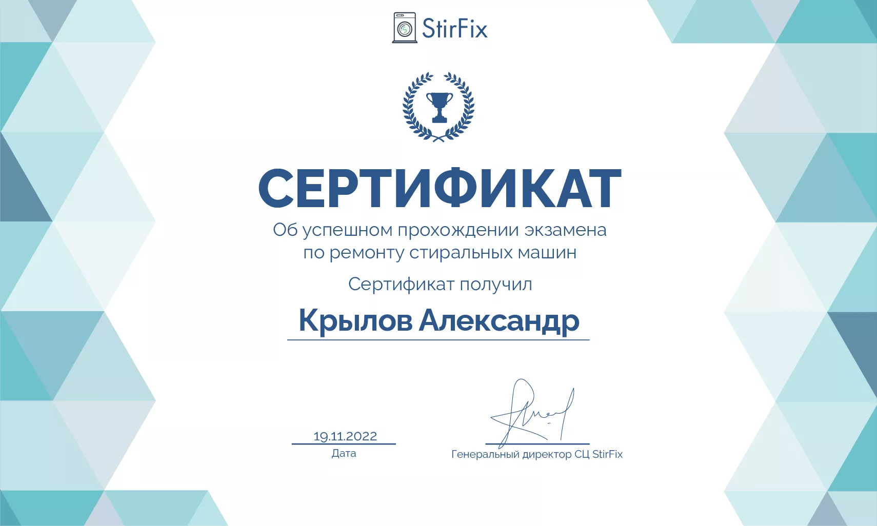 Крылов Александр сертификат мастера по ремонту стиральных машин